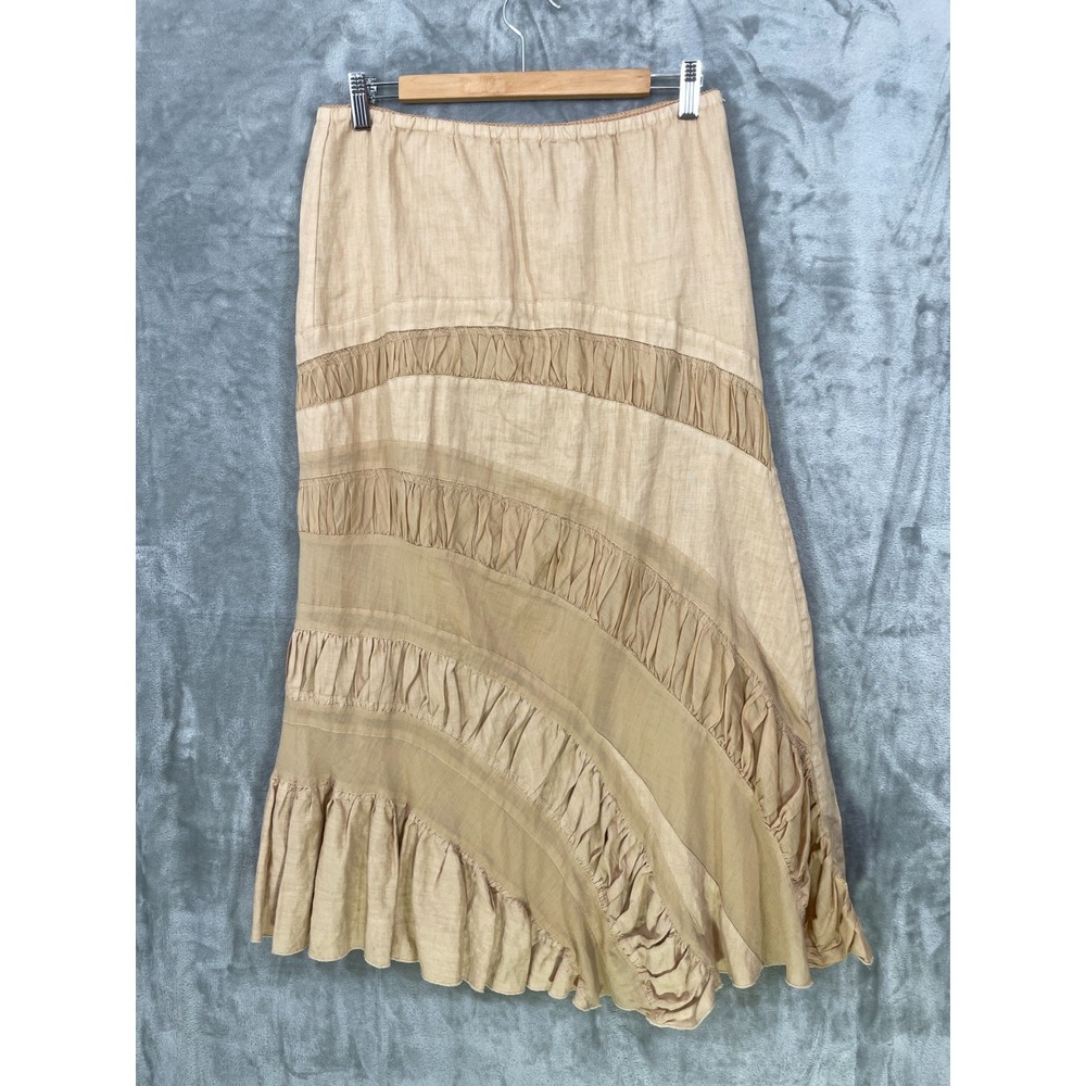 Fei 100% Linen Skirt Size S Beige Ruched Asymmetrical Pull On Paneled Ruffle